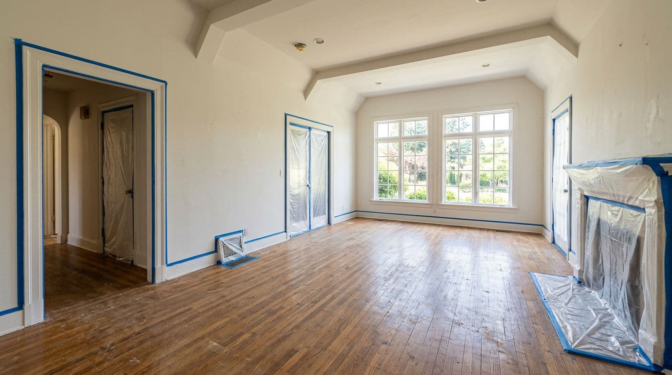 Empty living room featuring exposed hardwood floors with all furniture removed, plastic sheeting taped over doorways and vents for dust protection, and visible painter's tape. Bright natural light in a realistic wide-angle photo showing the fully prepared space with no people, text, or borders.