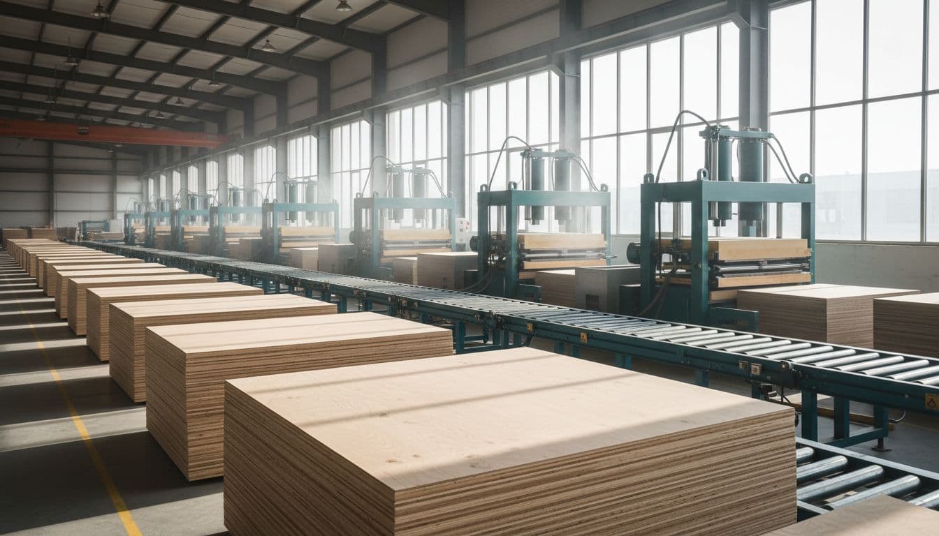 Stacks of plywood sheets on conveyor belts in a modern flooring factory, with automated pressing machines and natural daylight illuminating the clean industrial workflow.