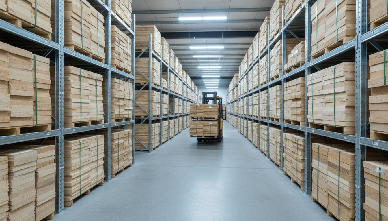 Towering stacks of engineered hardwood plywood cores in an organized modern warehouse, ready for supply chain shipment, with a forklift moving pallets in the background under soft overhead lighting.
