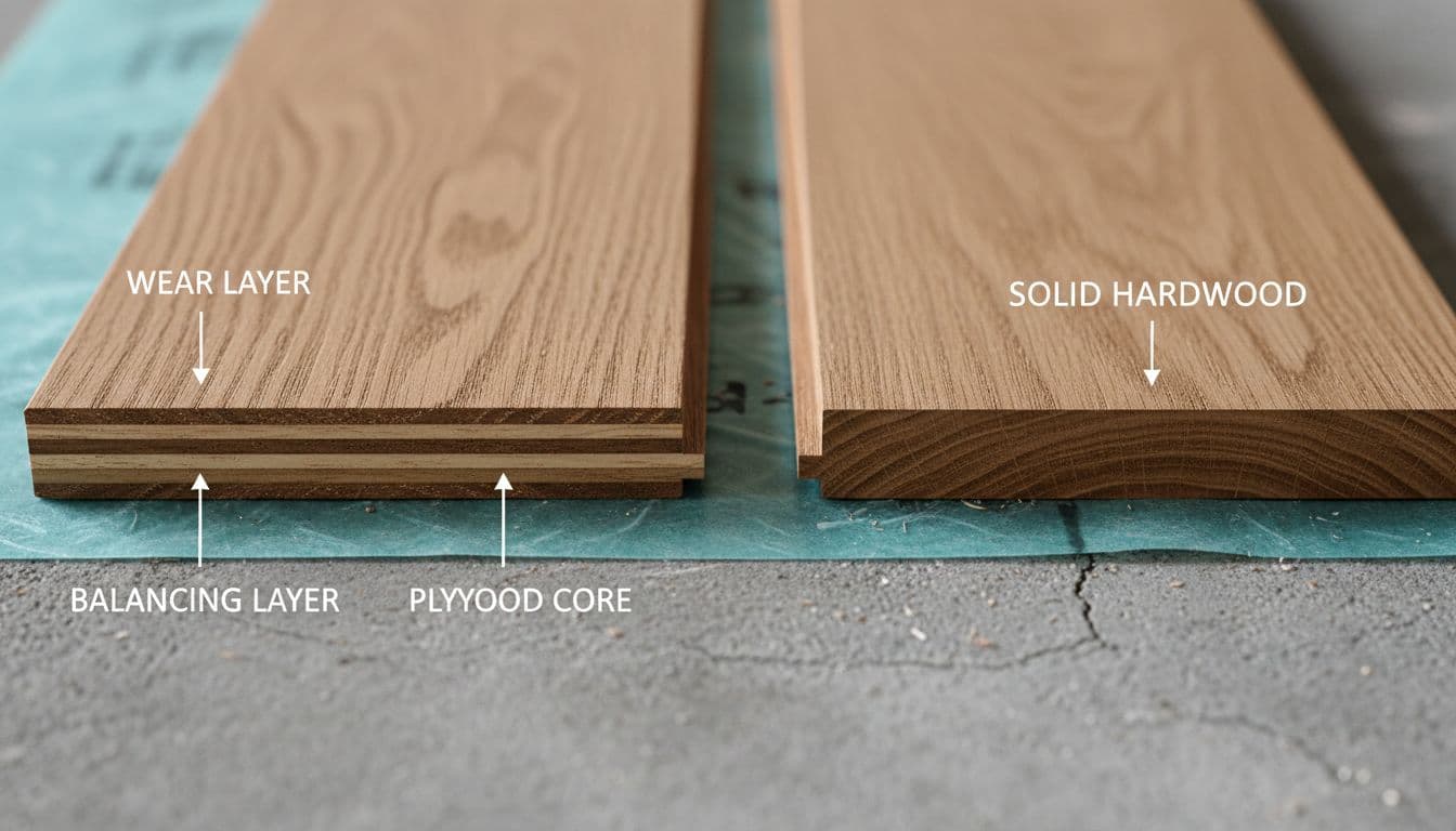 Engineered vs solid hardwood cross-section comparison