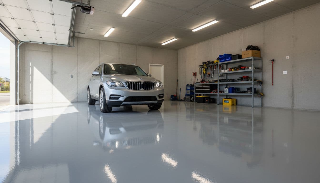 Modern garage interior with shiny concrete epoxy coating on the floor reflecting a parked SUV, clean concrete walls, tools on shelves, and bright natural light from open door.