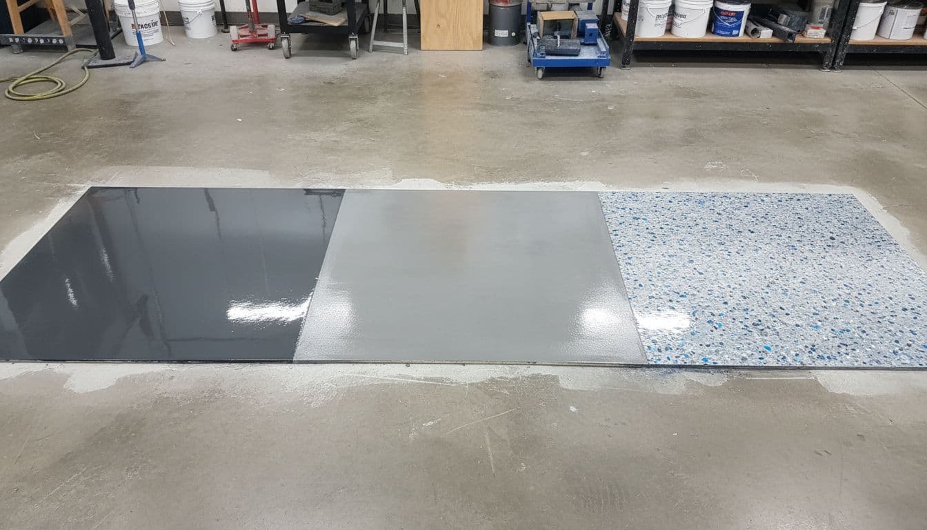 Side-by-side comparison of three epoxy concrete coatings: left 100% solids thick glossy, middle water-based matte, right solvent-based high gloss with flakes, as floor samples in a workshop from top-down view, evenly lit realistic style.