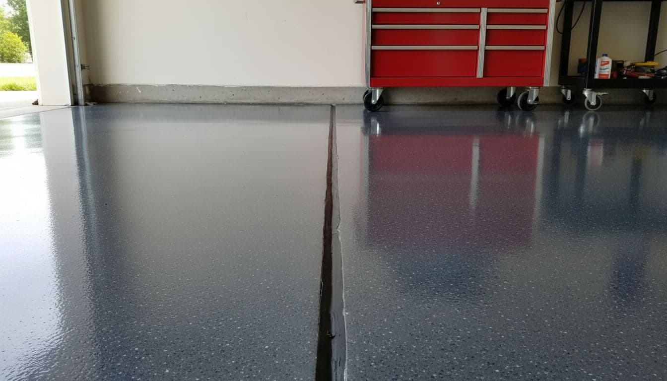 Realistic photo of an epoxy coated concrete garage floor featuring a properly handled 1/2 inch expansion joint with smooth glossy epoxy on both sides, visible flexible sealant fill that is flush and clean, tool chest nearby, natural garage lighting, high detail.