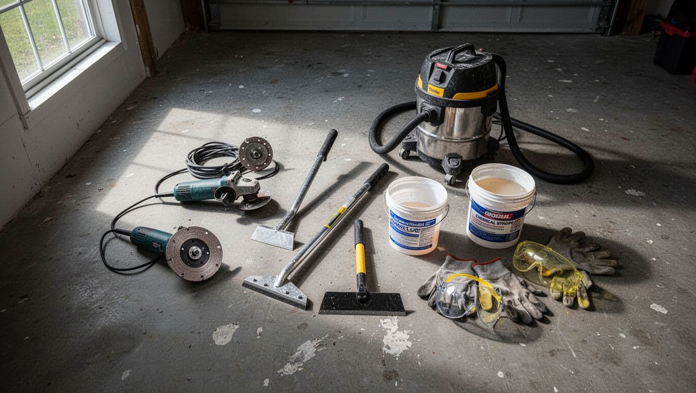 Key tools including angle grinder with diamond cup wheel, floor scraper, shop vac, chemical stripper bucket, and safety gear arranged on rough gray concrete garage floor in wide overhead cinematic composition with dramatic lighting.