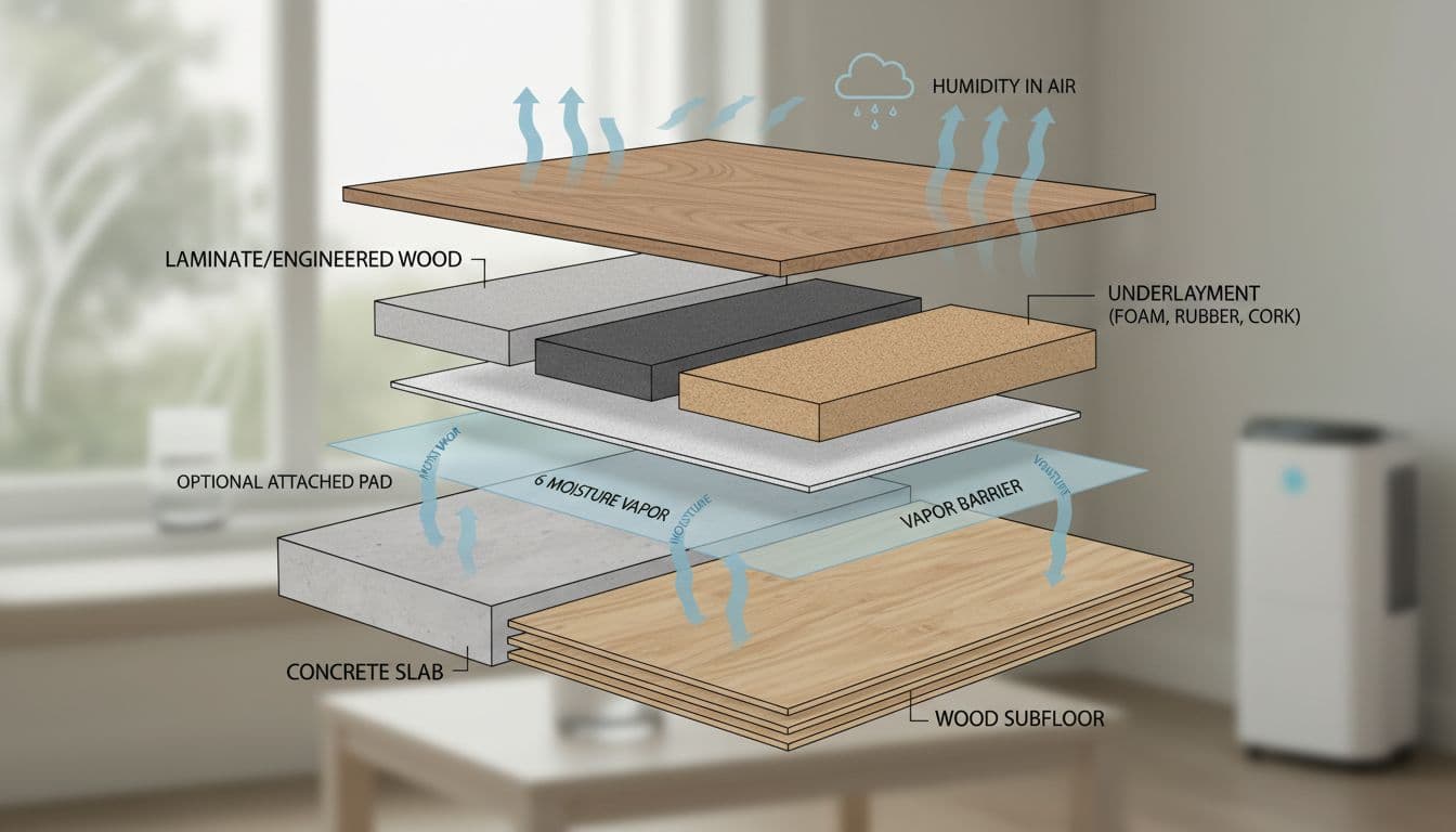Exploded floating floor cross-section showing underlayment and vapor barrier layers