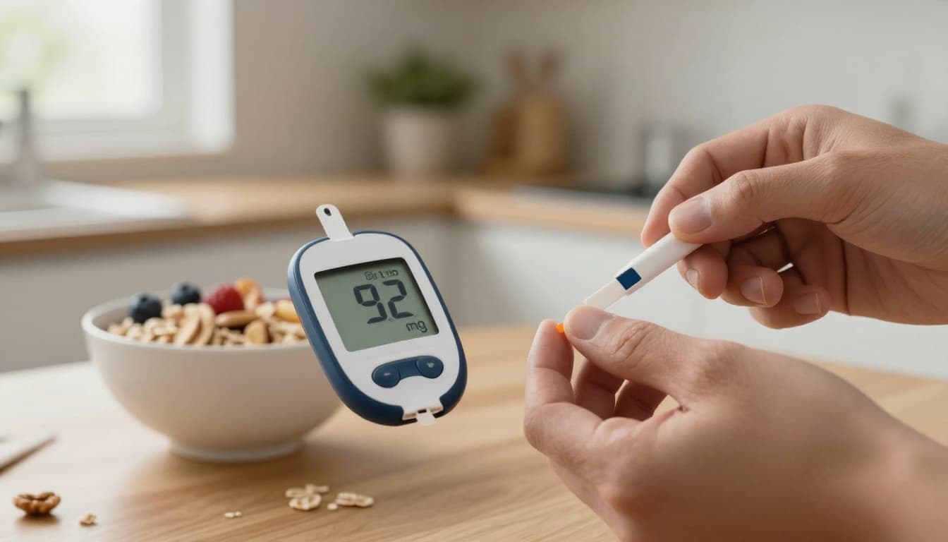Close-up photorealistic image of a fingertip blood glucose test using a modern glucometer showing 92 mg/dL, with one hand applying the meter to the fingertip and another relaxed hand nearby, against a blurred background of healthy breakfast preparation featuring an oats bowl with berries and nuts in a sunlit kitchen.