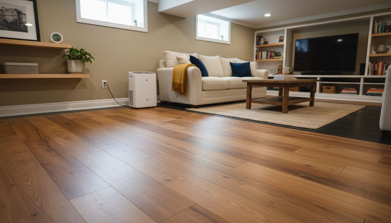 Finished basement with engineered hardwood and dehumidifier
