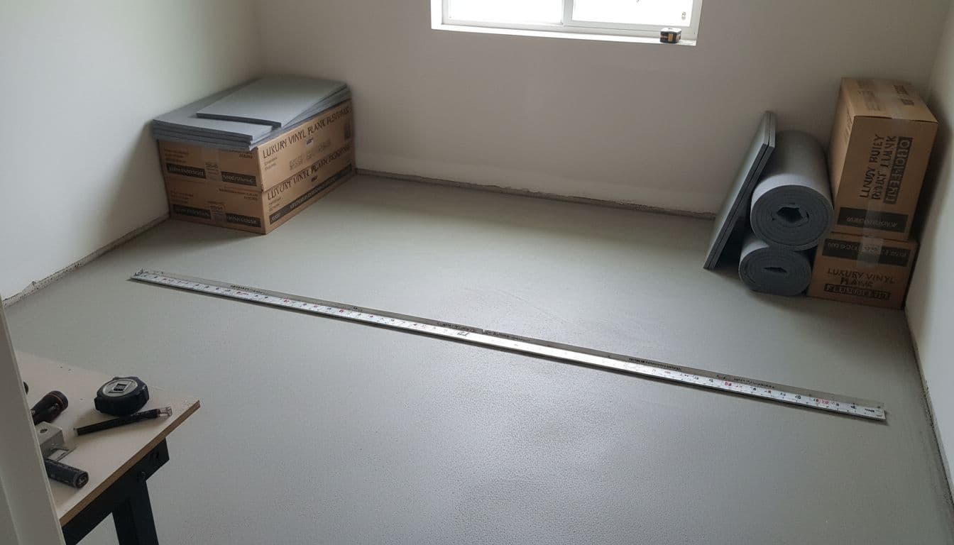 Photorealistic image of a finished, cured flat subfloor in a small bathroom with a straightedge confirming flatness. Vinyl plank boxes and underlayment stacked nearby on a clean jobsite ready for installation, lit by natural daylight.