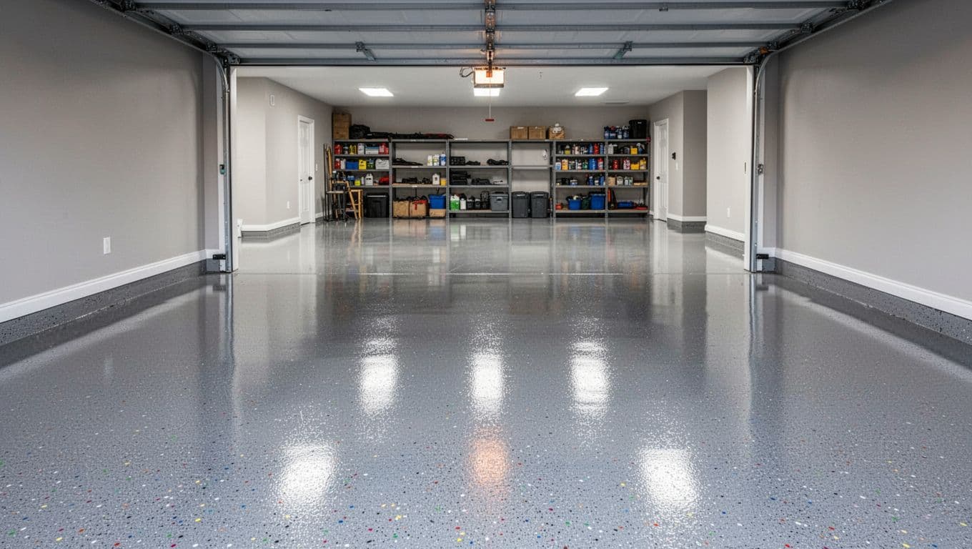 Realistic landscape photograph of a newly finished garage floor featuring a flawless high-gloss epoxy coating with subtle colored flakes, reflecting lights from an open garage door and shelves.