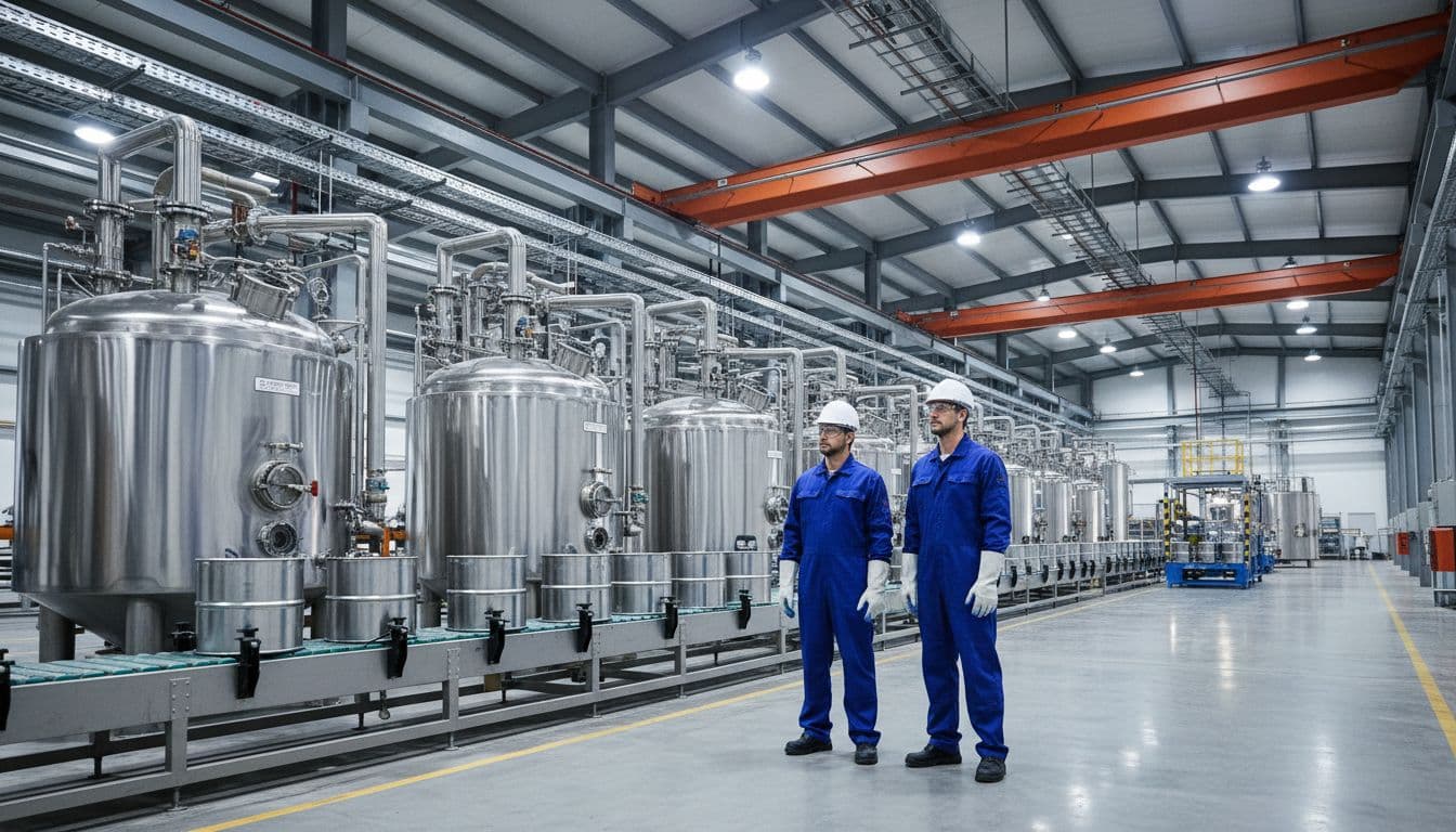 Interior of a modern flooring manufacturing factory featuring two workers in safety gear overseeing large mixing tanks producing silane adhesives, stainless steel equipment, and conveyor belts with barrels under industrial lighting.