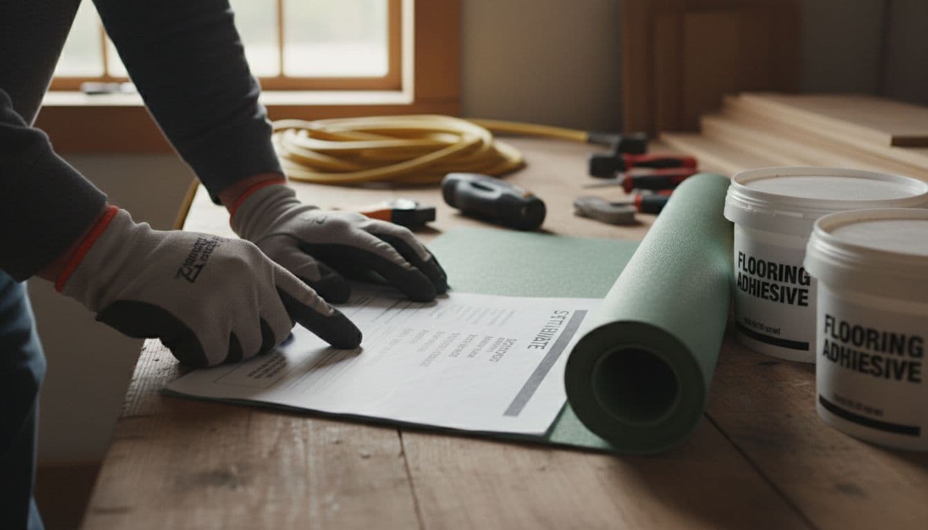 Close-up of gloved hands pointing at estimate line items beside underlayment and adhesive buckets