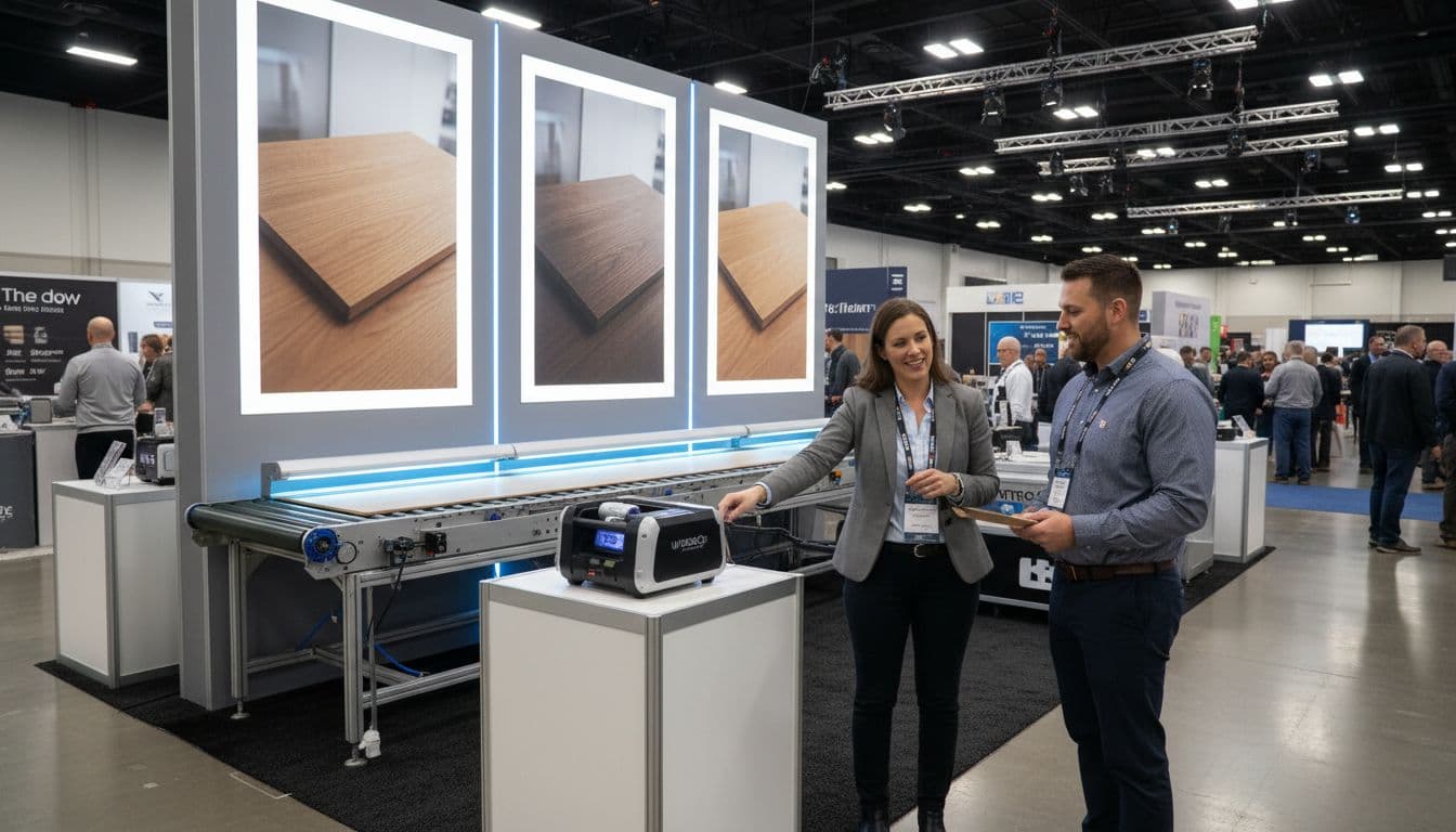 Busy trade show booth at a flooring expo displaying UV LED curing equipment for hardwood, featuring banners with cured samples and professionals in discussion within a modern convention hall.