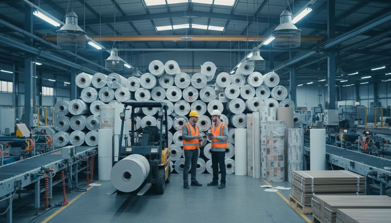 Busy flooring manufacturing factory interior with rolls of decor paper stacked high, blocking the production line aisle. Two workers in hard hats discuss around a paused forklift with idle conveyor belts in the background.