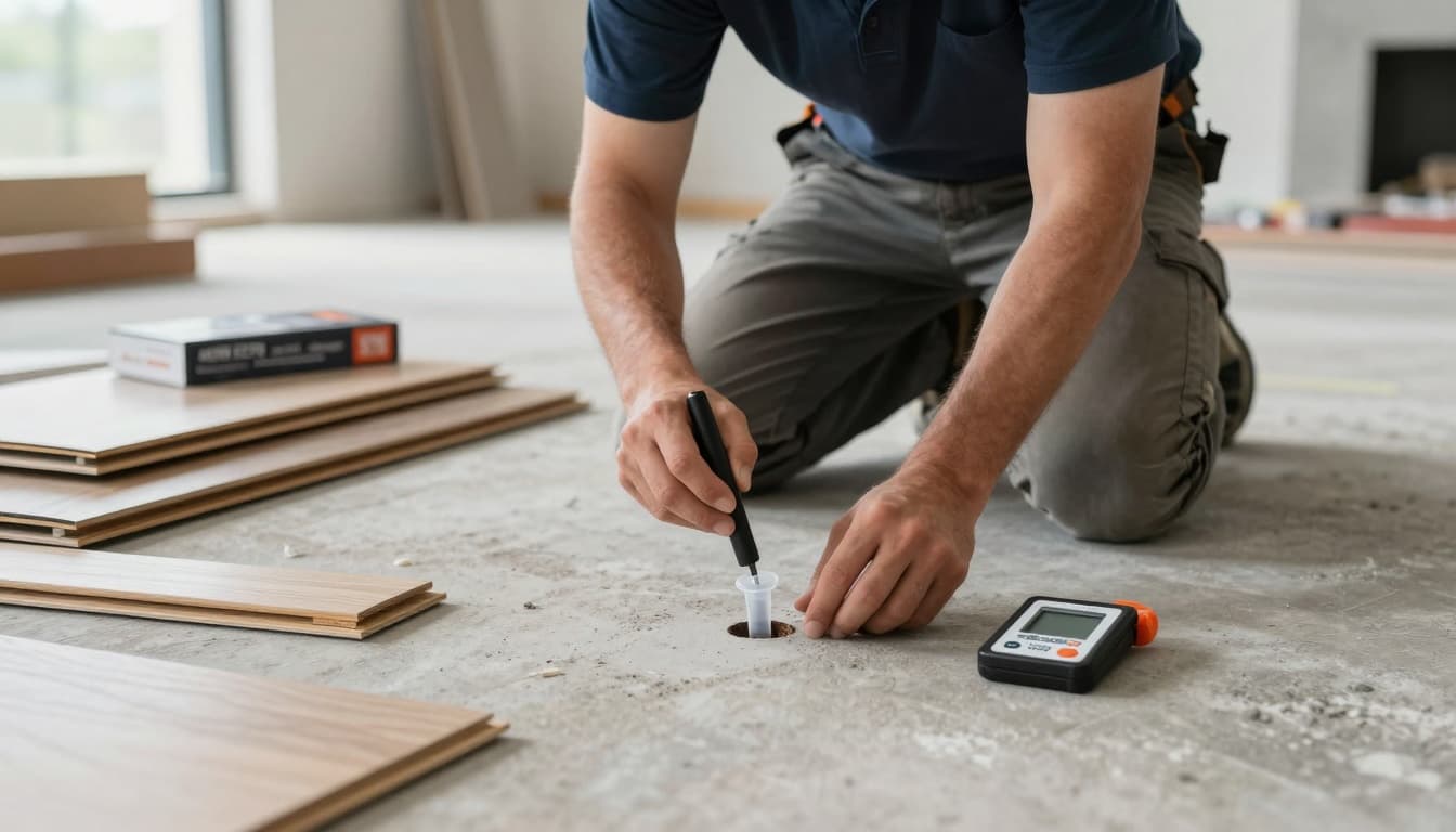 Installer setting up an in-situ RH probe test on a concrete slab near LVP planks