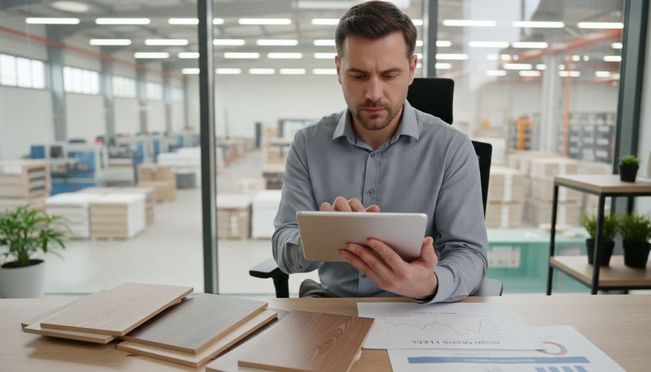 A focused flooring industry professional reviews a production schedule calendar on a tablet in a modern office, with laminate samples and resin stock level charts on the desk, and a factory visible through the window under natural daylight.