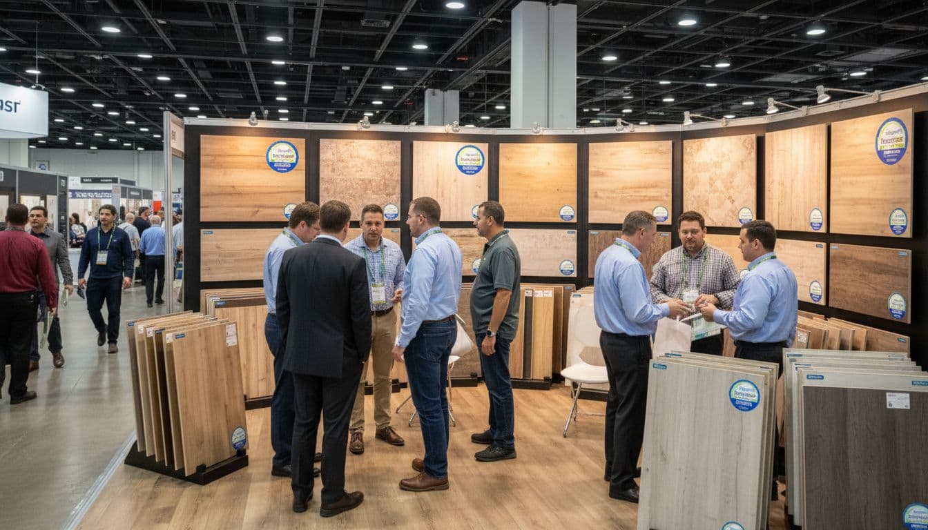 Busy annual flooring trade show booth displaying LVT products with FloorScore certification badges, visitors browsing samples in bright exhibition hall lighting.