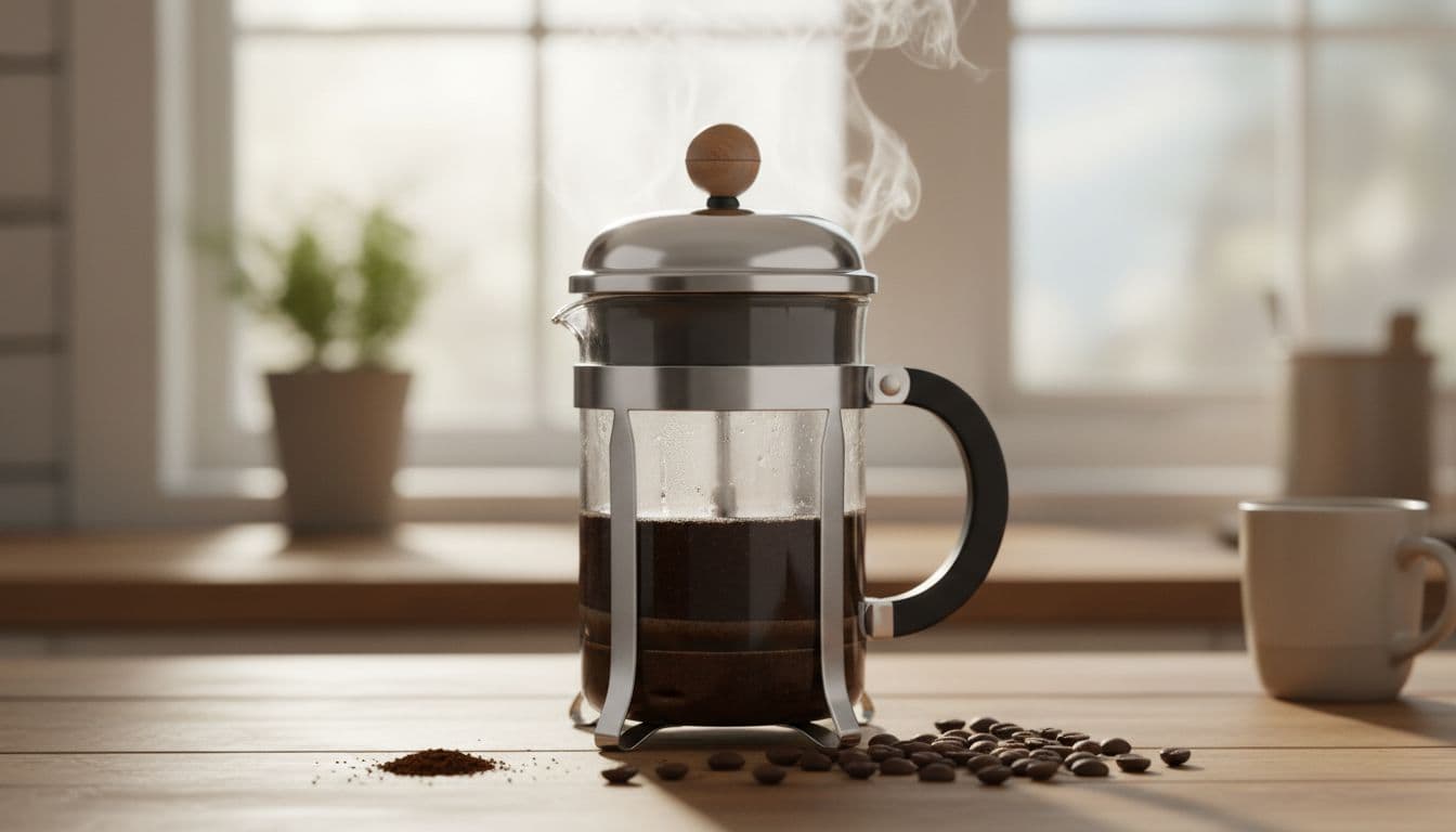 Photorealistic image of a French press coffee maker on a wooden kitchen countertop during brewing, with steam rising from dark roast coffee grounds in the glass carafe, natural morning light, and fresh coffee beans scattered nearby.