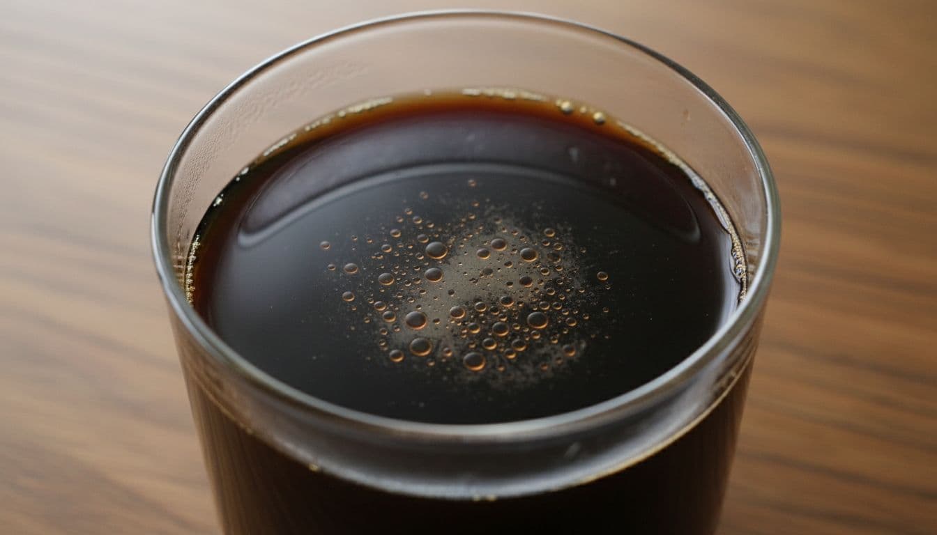 Photorealistic close-up of oily sheen and visible droplets on the surface of black French press coffee in a clear glass cup, with soft natural lighting on a wooden table and realistic liquid textures.