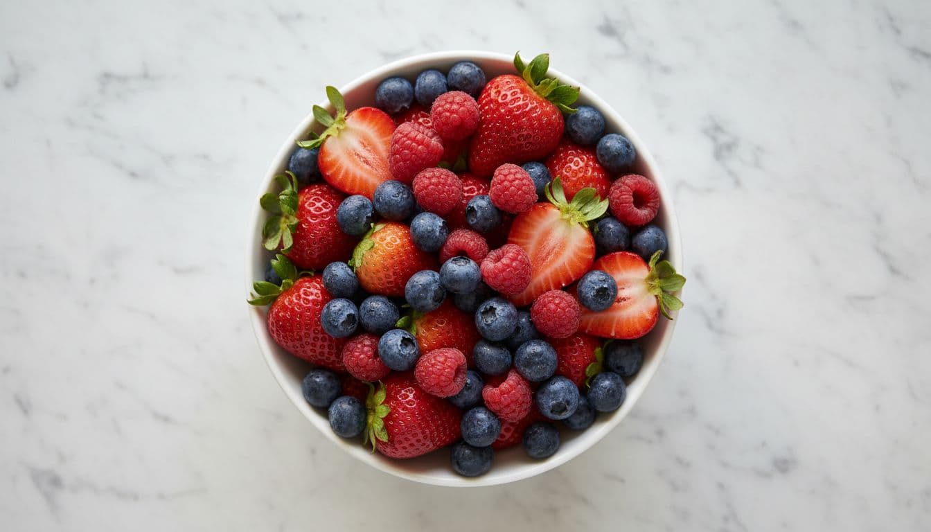 Photo-realistic image of fresh blueberries, strawberries, and raspberries in a white ceramic bowl on a marble table, captured with soft natural light and top-down view emphasizing juicy textures, vibrant colors, and dew drops for an editorial wellness style promoting blood pressure benefits.
