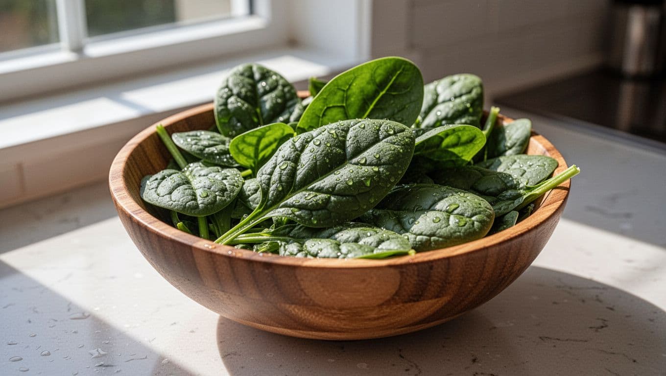 Photorealistic close-up of vibrant green spinach leaves with water droplets in a wooden bowl on a kitchen counter, soft focus background and natural light, highlighting healthy nutrition.