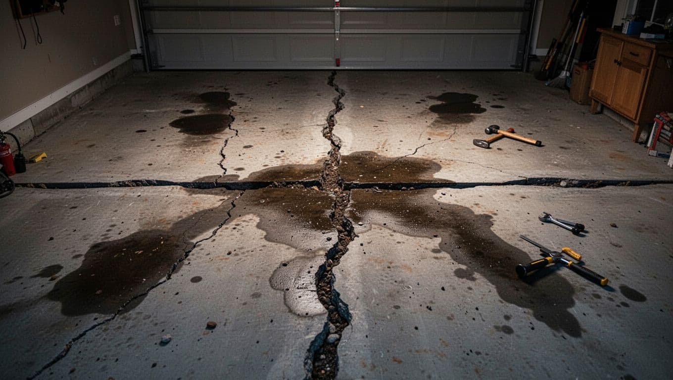 Interior garage concrete slab featuring wide cracks and separated expansion joints from red clay soil movement, with oil stains, scattered tools, dimly lit cinematic style emphasizing dramatic shadows and contrast.
