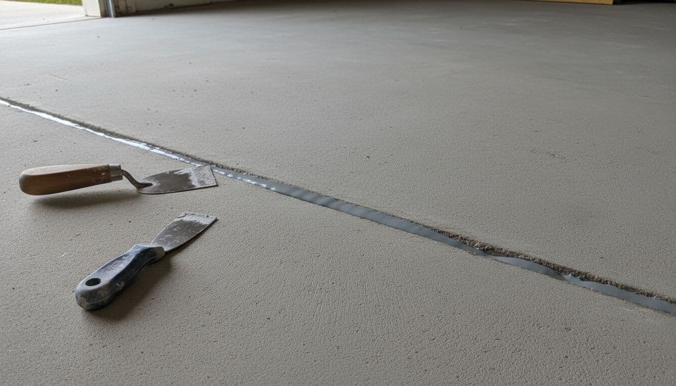 Close-up view of a concrete garage floor featuring a narrow crack smoothly filled with gray filler material using a putty knife, with surrounding floor flat and solid, and repair tools like a trowel nearby under natural indoor lighting.