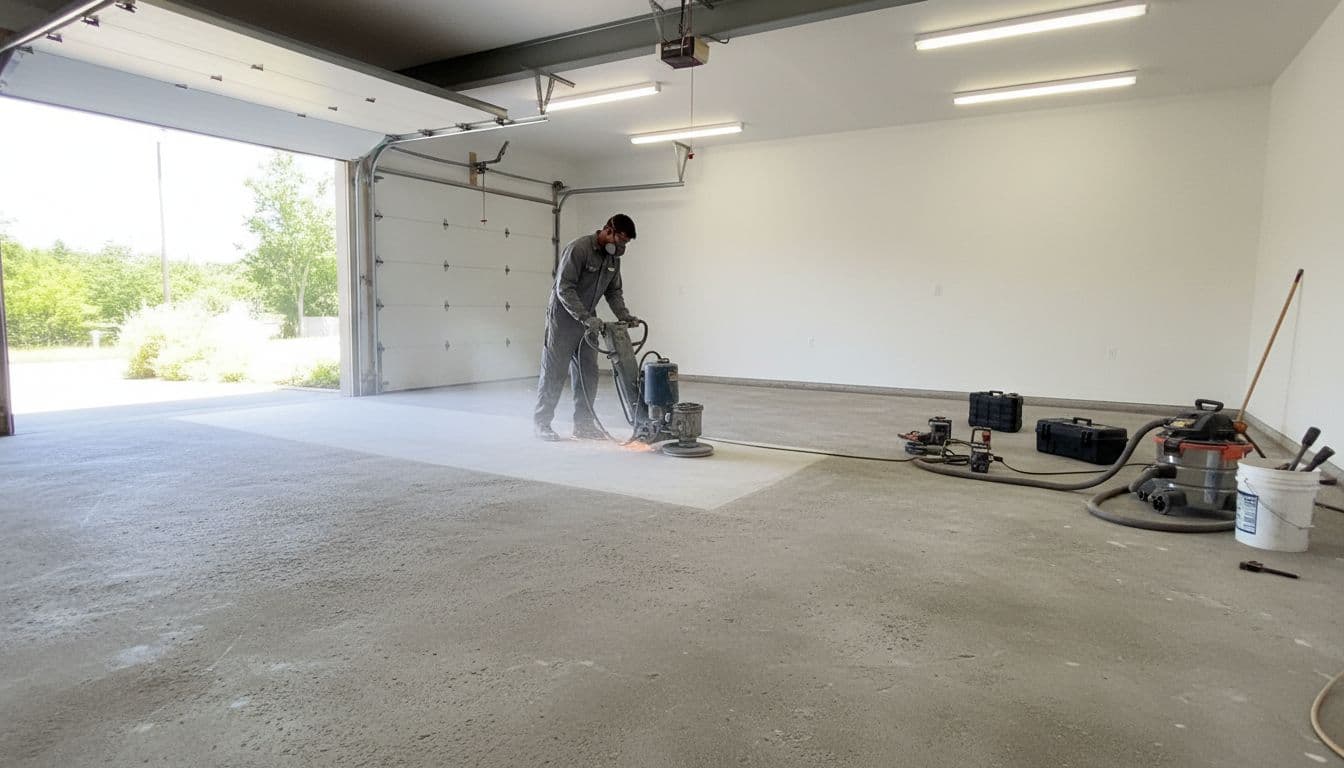 A clean garage featuring one worker using a diamond grinder on the bare concrete floor for epoxy coating preparation, wide shot with tools nearby and natural daylight from open door.