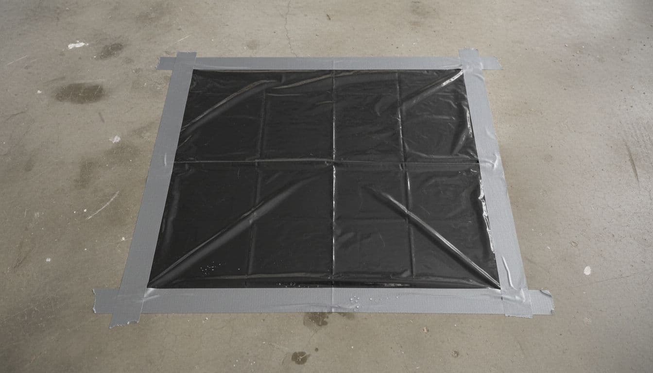 Top-down view of black plastic sheet taped securely over bare garage concrete floor for moisture test, with faint condensation droplets visible under the edge.