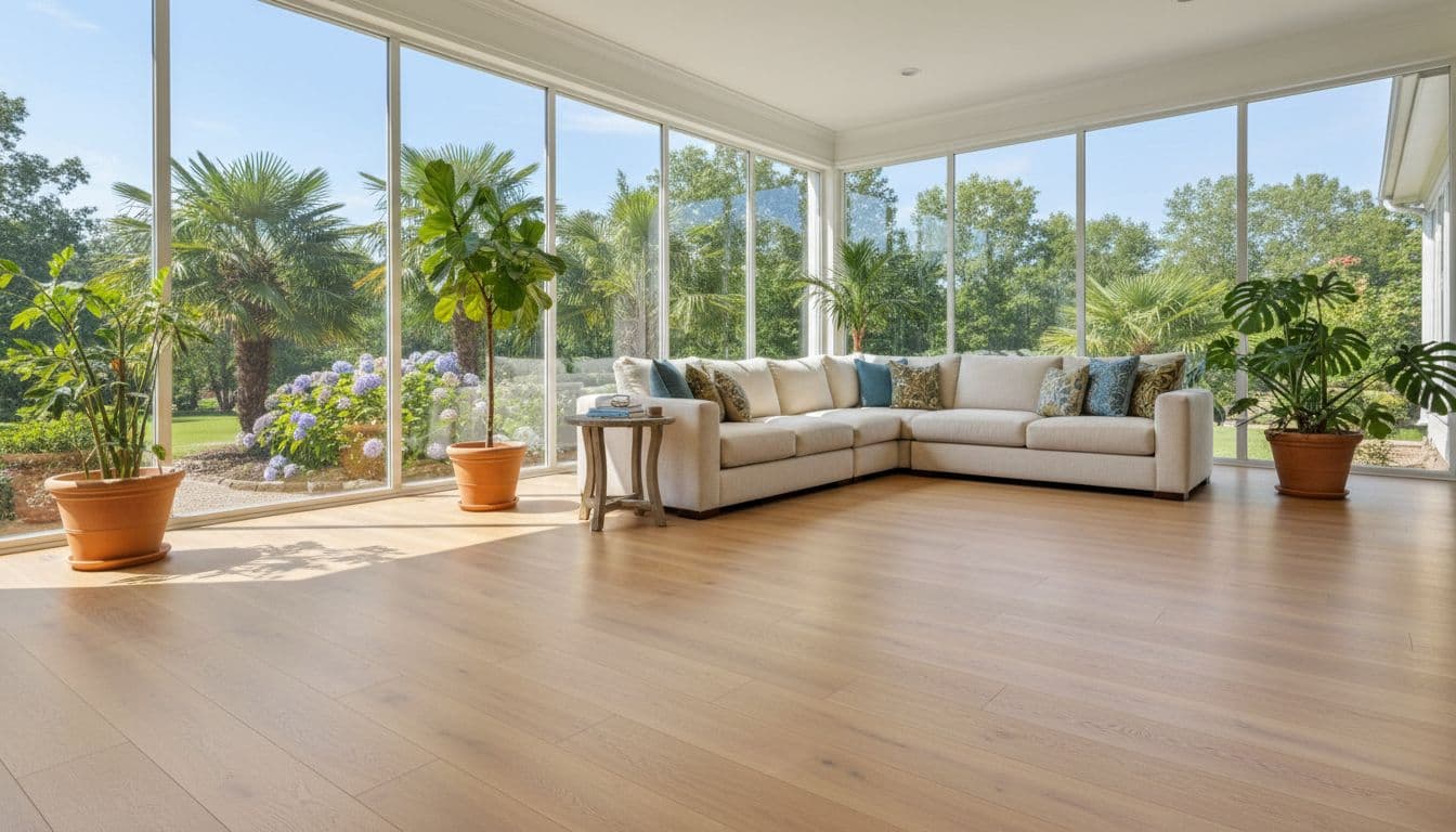 Spacious sunroom interior in a Georgia home featuring luxury vinyl plank flooring in light oak tone, large glass windows with sunny outdoor views, comfortable seating, potted tropical plants, and natural sunlight emphasizing the durable floor surface.