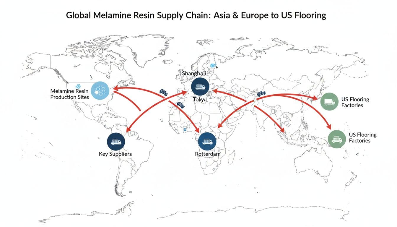 Minimalistic infographic map highlighting melamine resin production sites in Asia and Europe, with arrows showing supply flow to US flooring factories, using clean lines, ship and truck icons on a white background.