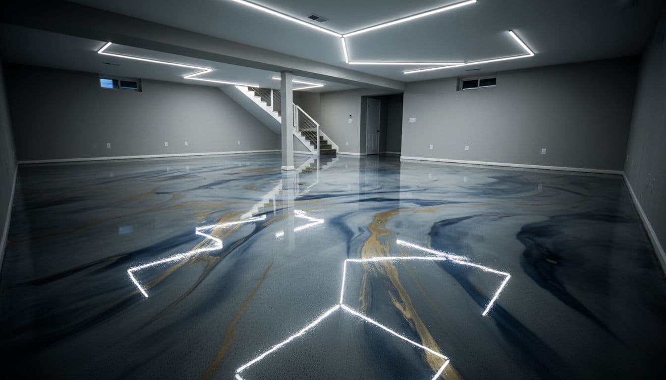 Smooth glossy epoxy coating on basement concrete floor reflects overhead lights with subtle color streaks.