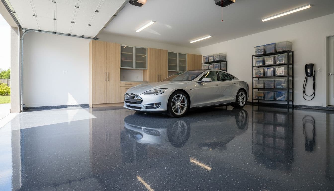 A glossy epoxy coated concrete garage floor in a clean modern home garage, featuring a parked car and wide-angle view of the entire shiny surface under bright natural lighting from an open door.
