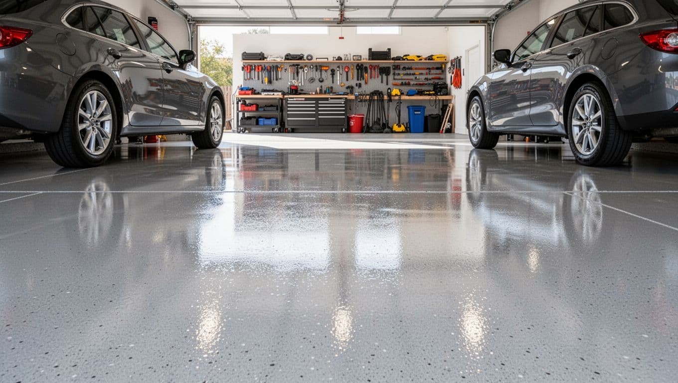 High-resolution photorealistic photograph of a smooth glossy epoxy coating on a garage floor with subtle CSP texture, featuring two parked cars, tool shelves in the background, and bright natural light from the open garage door.