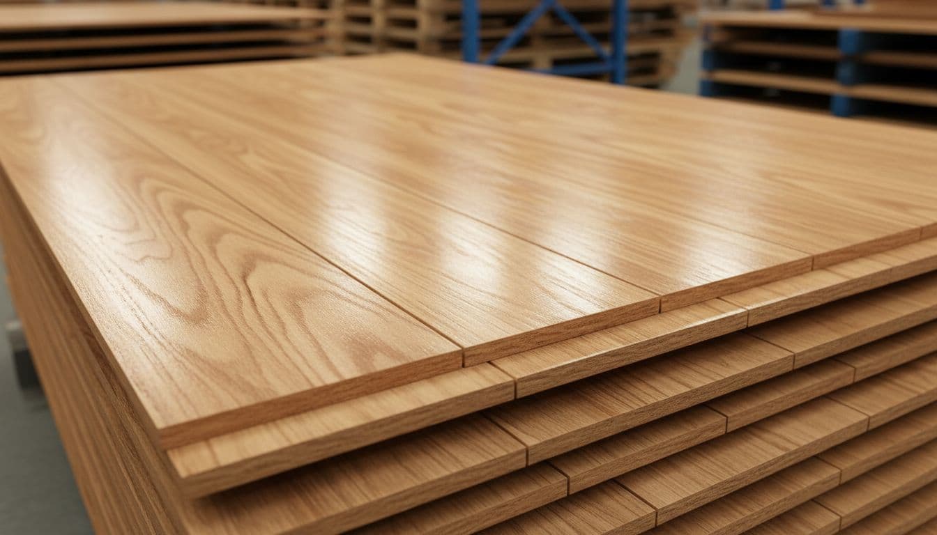 Close-up of factory-finished hardwood flooring planks featuring a glossy UV LED cured finish, stacked neatly in a warehouse with warm wood tones and visible natural grain under soft overhead lighting.