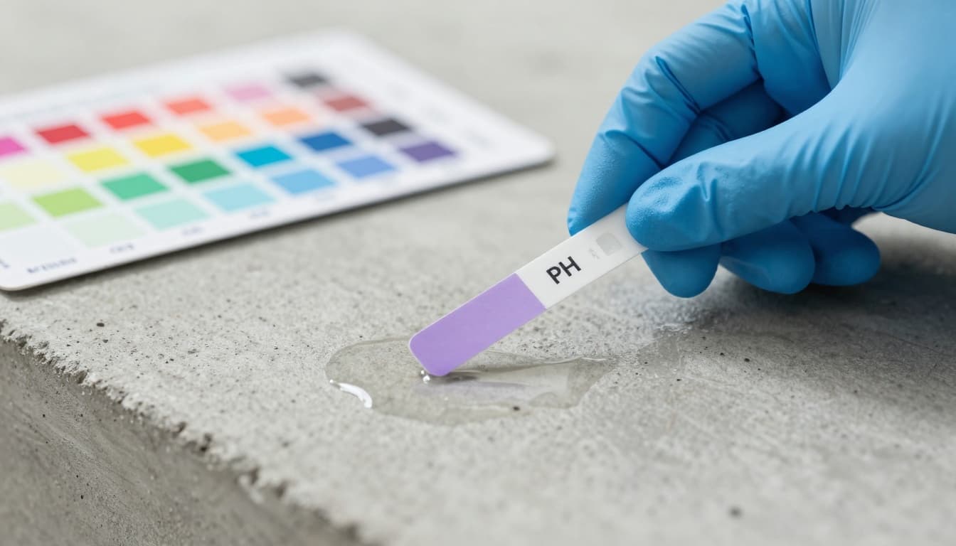 Hand placing a pH strip on damp concrete