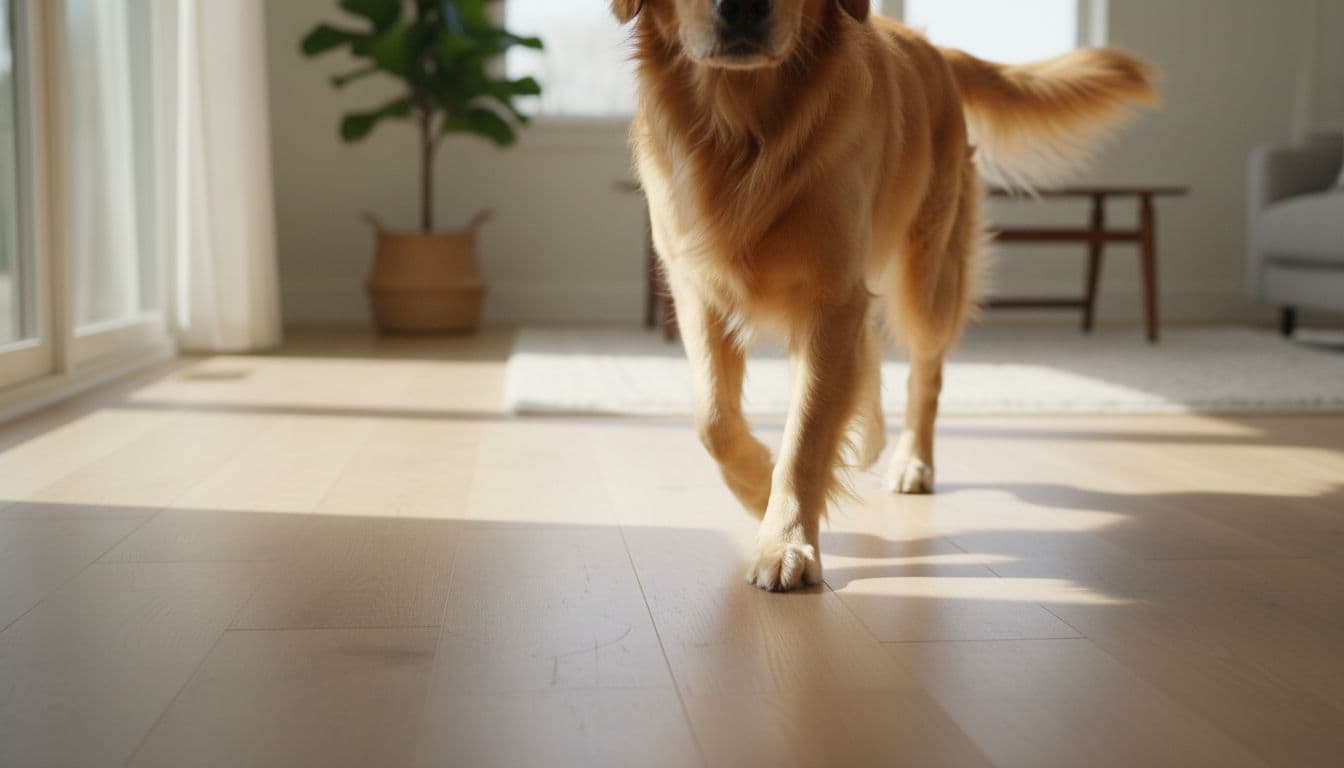Close-up of a golden retriever walking on light oak hardwood floor with matte finish, showing scratches on edges in a sunny living room with natural light.