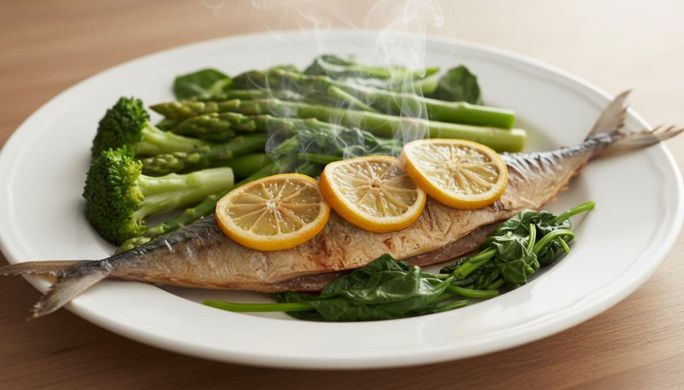 Photorealistic cooked grilled mackerel with lemon slices on a white plate, served with green vegetables and subtle steam, as an appetizing heart-healthy meal.