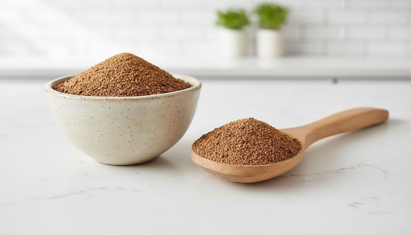 Photorealistic food photography of a small natural bowl filled with ground flax seeds next to a wooden spoon measuring one tablespoon serving, on a clean bright kitchen counter with natural daylight lighting and organic whole-food aesthetic.