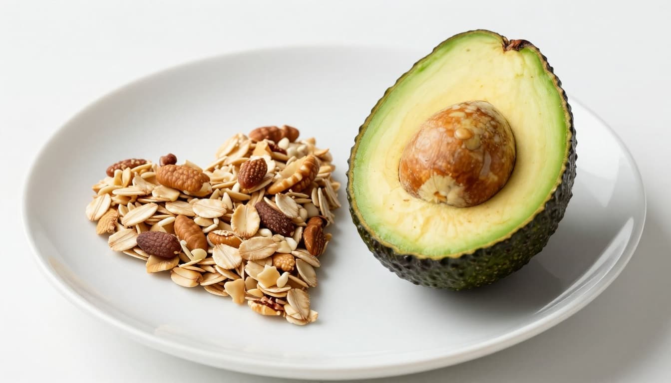 Photorealistic nutrition photo of a fresh halved avocado on a white plate next to a heart-shaped pile of oats and nuts, under natural kitchen lighting with realistic textures.