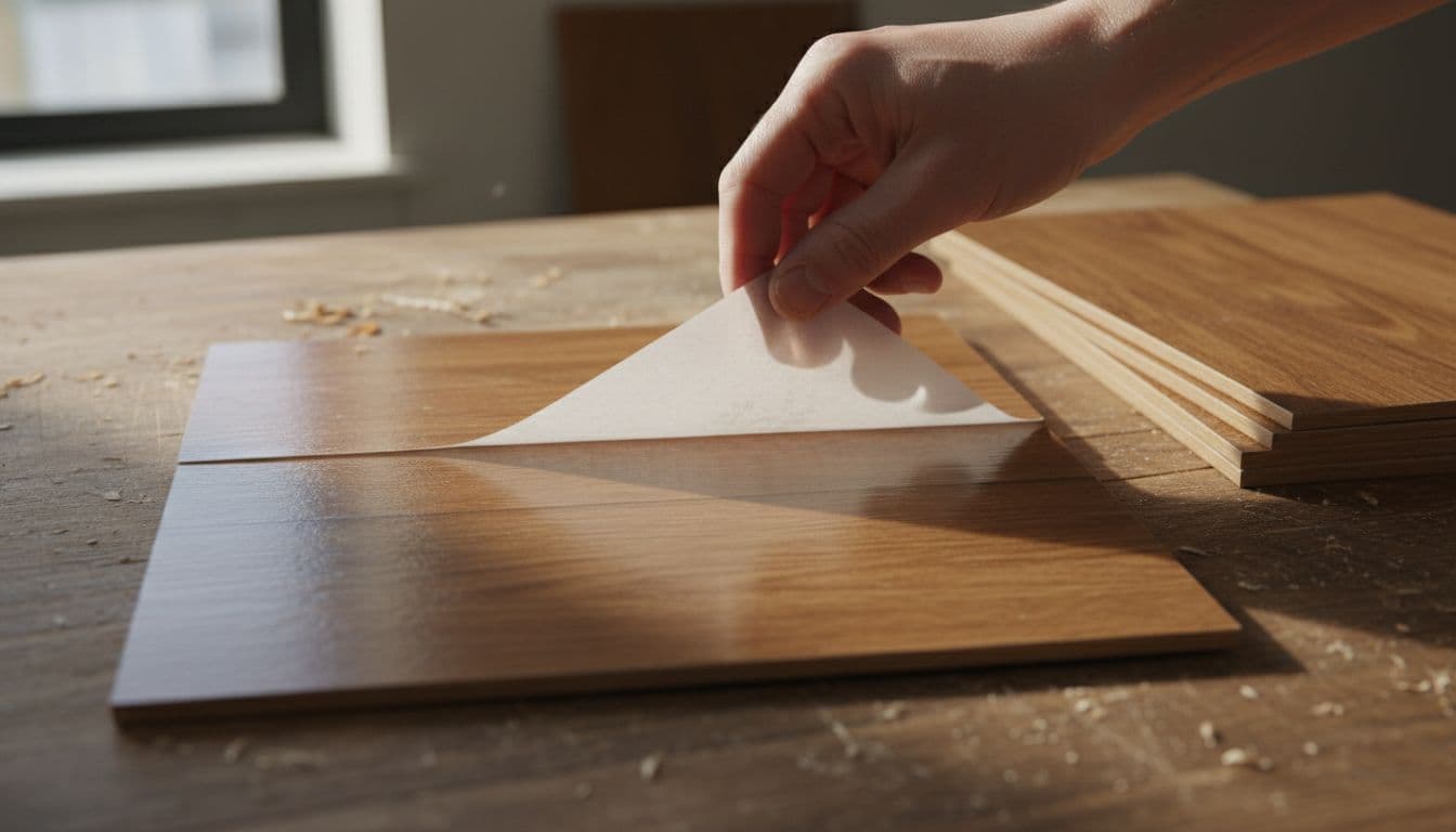 Close-up view of a hand peeling the release liner from a peel-and-stick vinyl flooring tile on a workbench, revealing sticky adhesive underneath with wood grain texture in natural daylight.