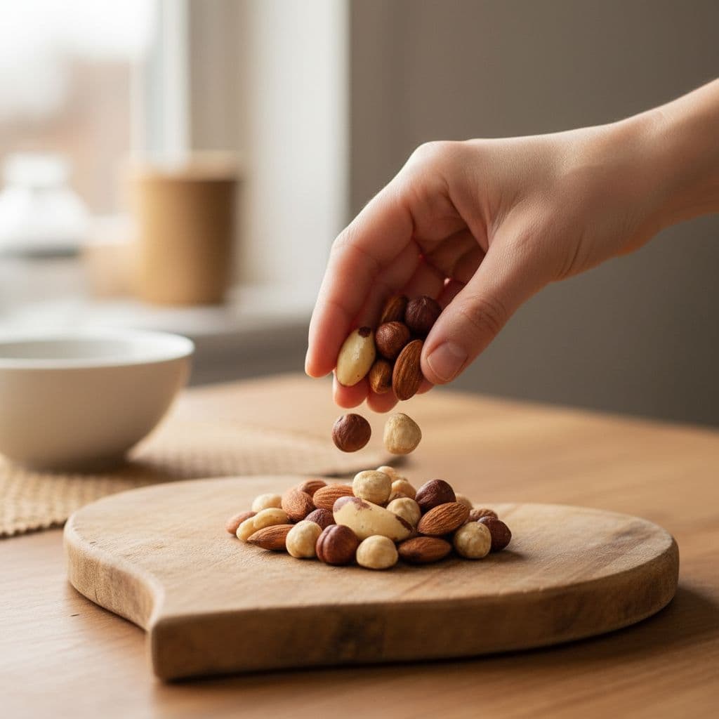 Photorealistic image of a hand holding a small handful of mixed nuts like hazelnuts and almonds over a heart-shaped wooden board in a home kitchen, illustrating a safe daily portion for cholesterol benefits with soft natural lighting and healthy heart focus.