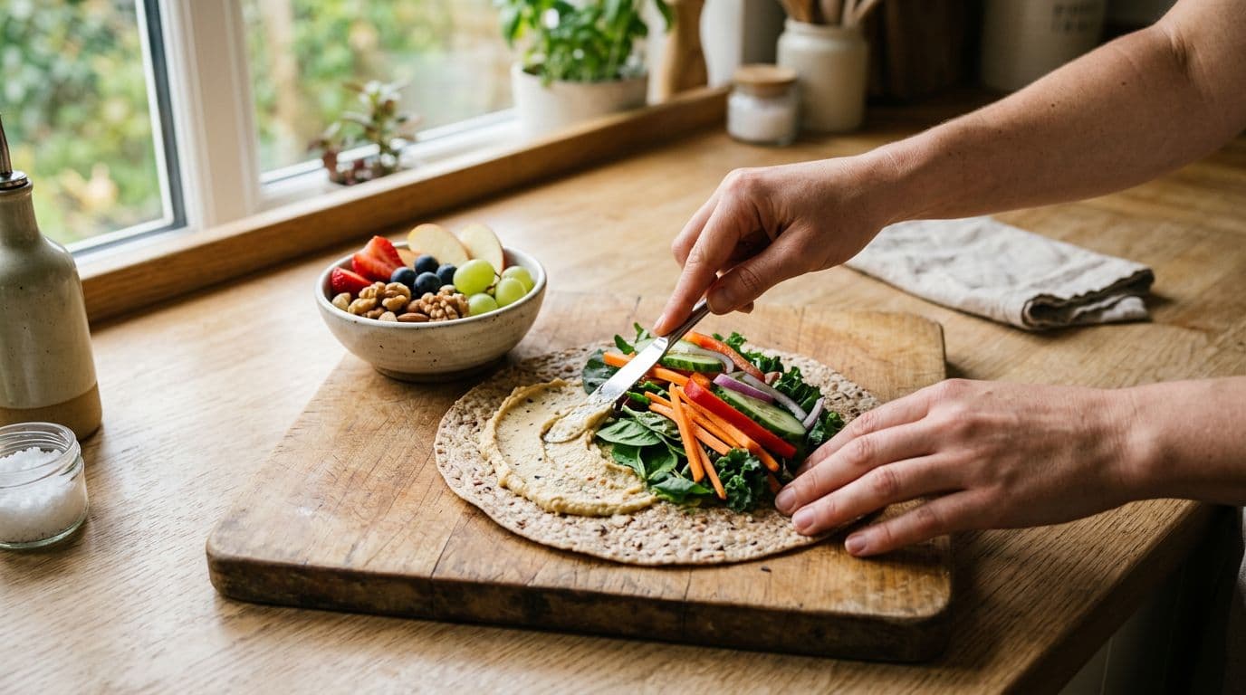 Photorealistic food photography featuring two hands assembling a whole-grain wrap with hummus and fresh veggies on a kitchen counter, alongside a side of fruit and nuts. Natural window light illuminates realistic textures with shallow depth of field.