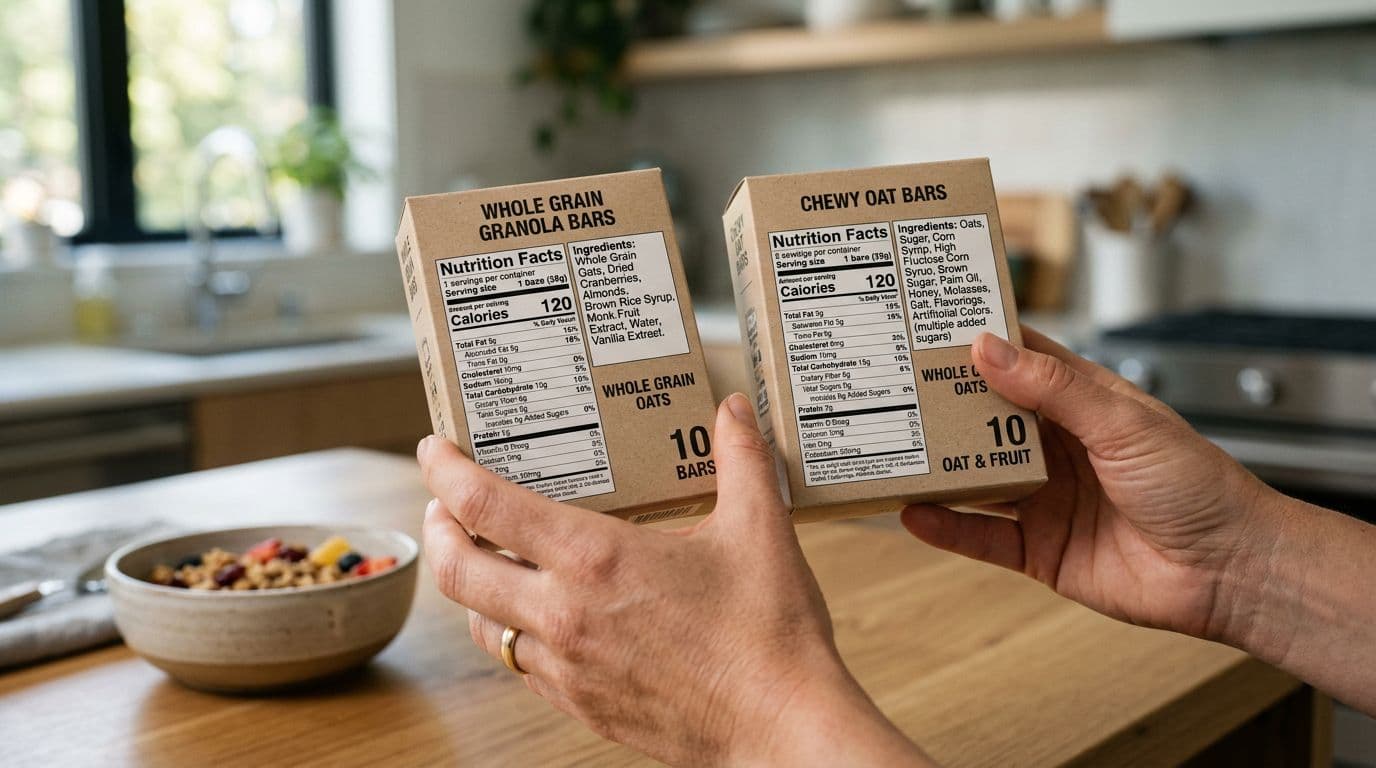 Close-up of hands examining nutrition facts on two generic food packages in a modern kitchen; one displays multiple added sugars like sucrose and corn syrup, the other is minimally sweetened.