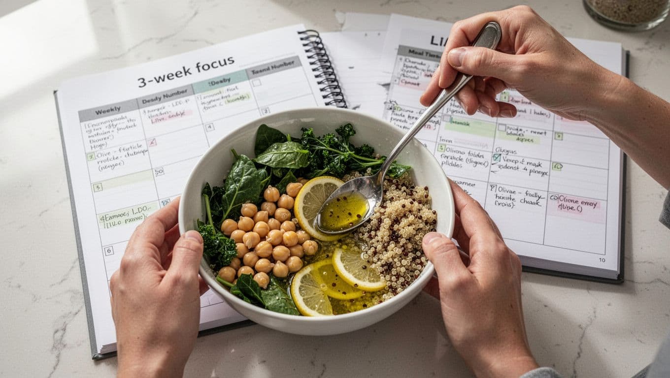 Photorealistic documentary-style image of hands gently preparing a healthy Mediterranean bowl with greens, chickpeas, quinoa, and olive oil-lemon dressing in a bright natural kitchen. An open weekly meal plan notebook labeled '3-week focus' sits in the background for a cardiometabolic health article.