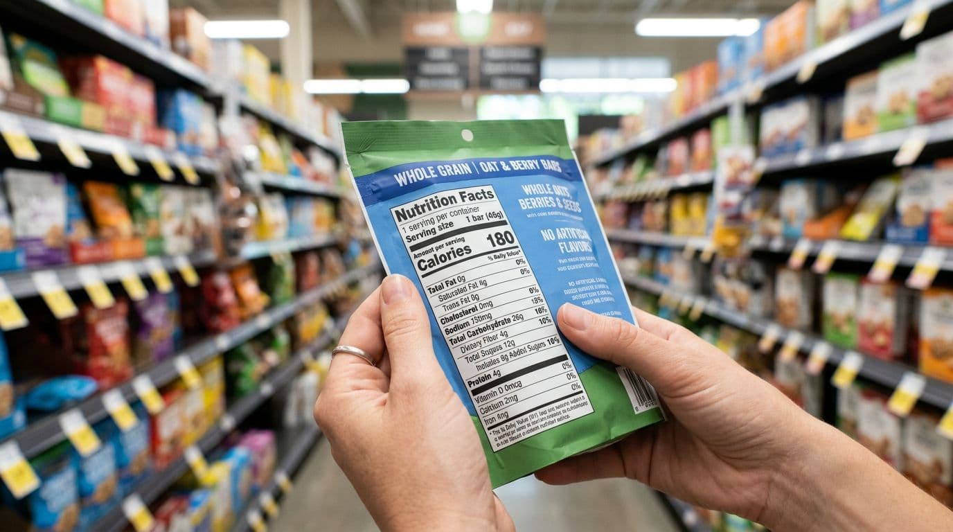 Photorealistic close-up of two hands relaxedly holding a packaged snack, focusing on the Added Sugars section of the nutrition label, with a blurred modern grocery aisle background and natural lighting.
