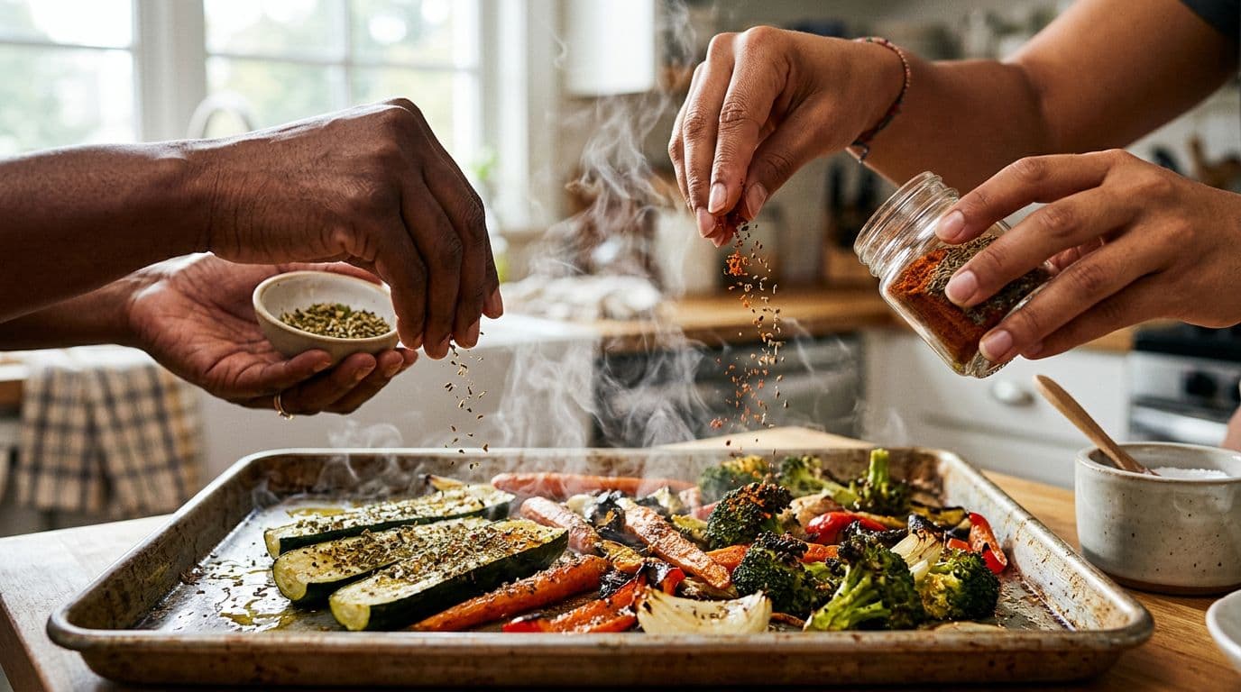 Close-up action shot in a kitchen showing diverse hands sprinkling dried herbs and spices like paprika, cumin, and black pepper over a tray of roasted vegetables including zucchini, carrots, and broccoli, with natural window light and photorealistic details.