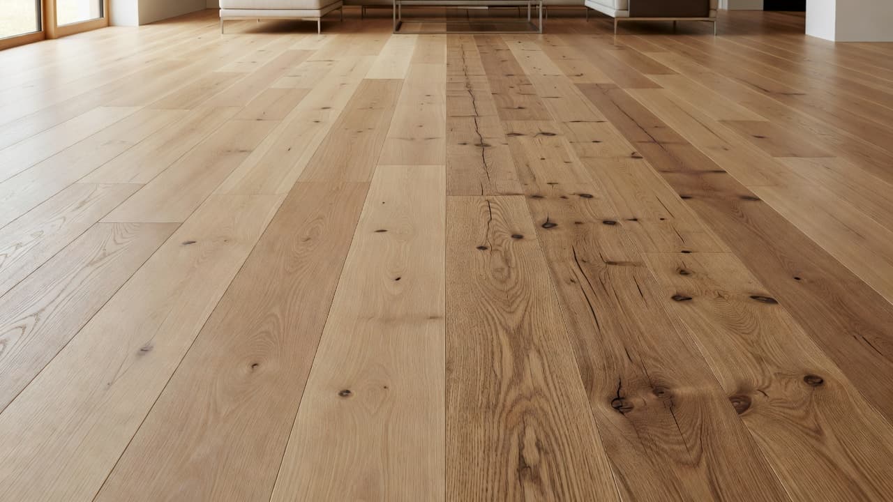 A split floor view displays pristine Select grade oak on the left with uniform grain, while the right side shows Character grade oak featuring rustic knots and rich natural color variations.