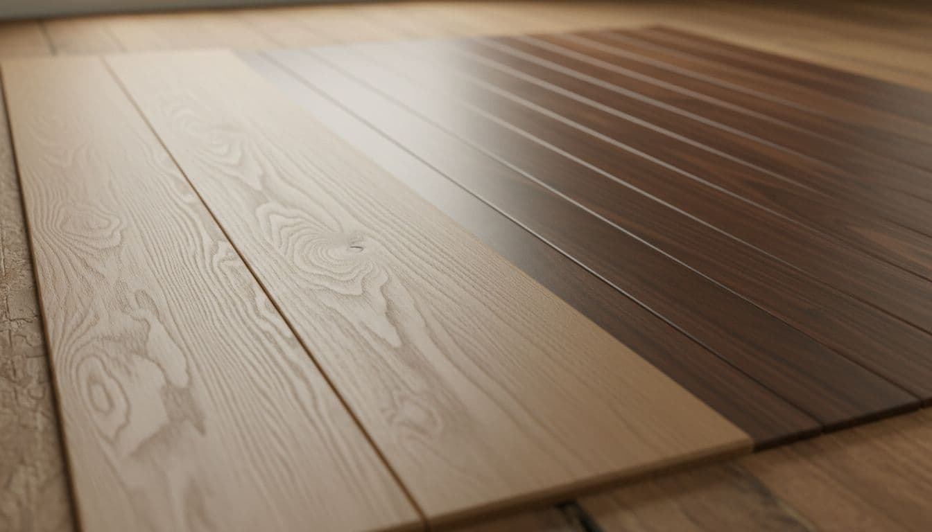 Two styles of hardwood flooring with wide planks and narrow strips are displayed side by side.
