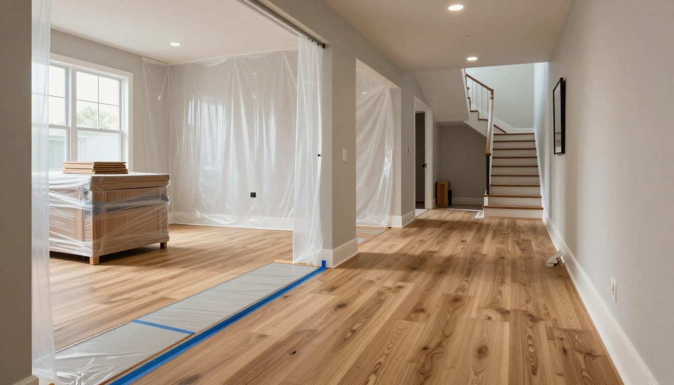 Realistic interior photo of a modern home hallway during flooring replacement, showing one room completed with new engineered hardwood, adjacent room with protected subfloor, dust barriers, furniture protection, and safe ramps.