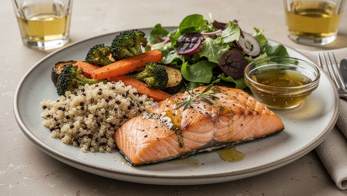 Photorealistic image of a plated balanced meal: baked salmon, quinoa, roasted vegetables like broccoli and carrots, side salad with olive-oil vinaigrette, portion-friendly home-cooked presentation on a simple plate.